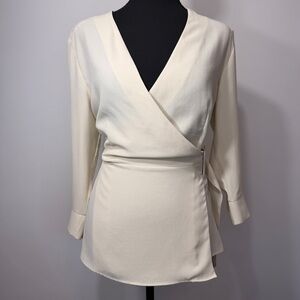 TOPSHOP ivory belted wrap blouse 3/4 sleeves like new size US 10 structured